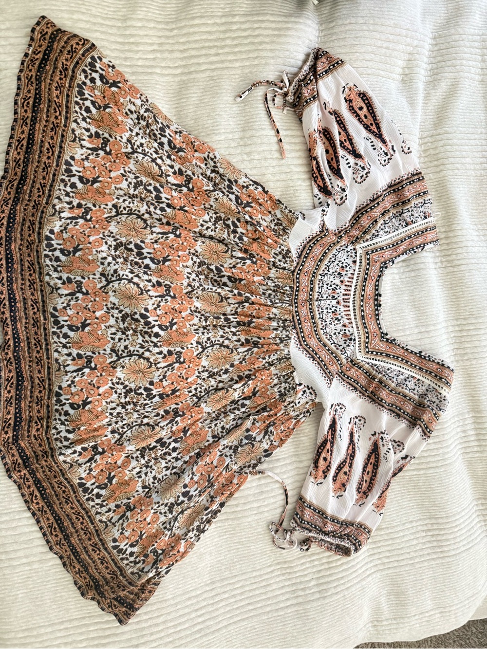 Free People Boho Paisley Floral Mini Dress Cream Rust Black Long Sleeve
